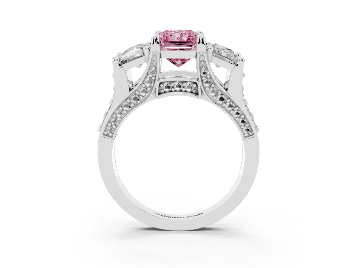 Fancy Pink Radiant Cut Diamond Three-Stone Ring with Channel Set Band and Four-Prong Setting Silver
