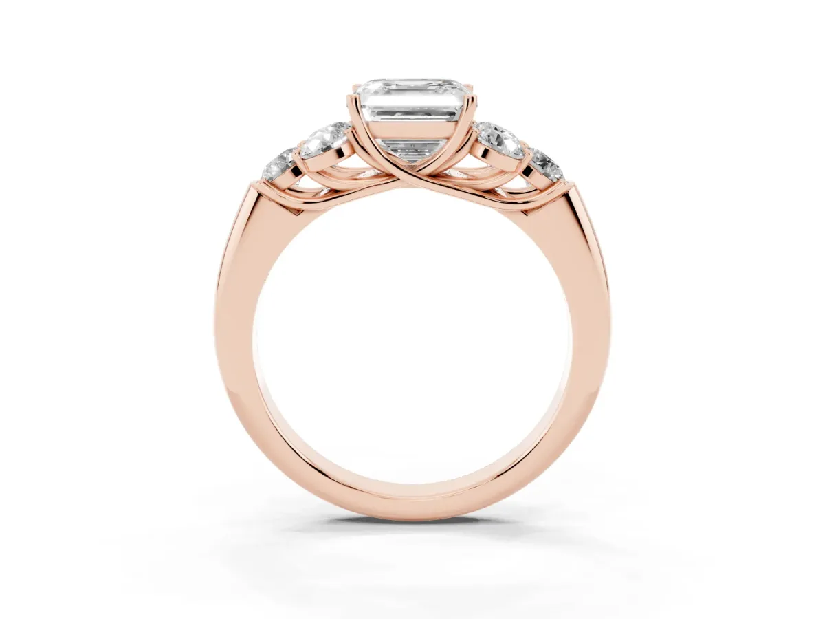 Asscher Cut Cut Diamond Cluster Ring with Round Accent Stones and Prong Setting on a Classic Band Rose gold