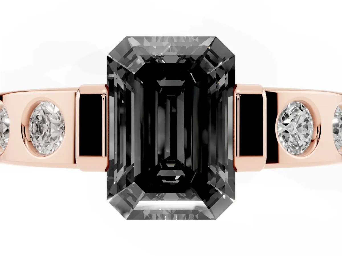 Fancy Black Emerald Cut Brilliant Channel-Set Diamond Ring with Bezel Prong Setting Rose gold