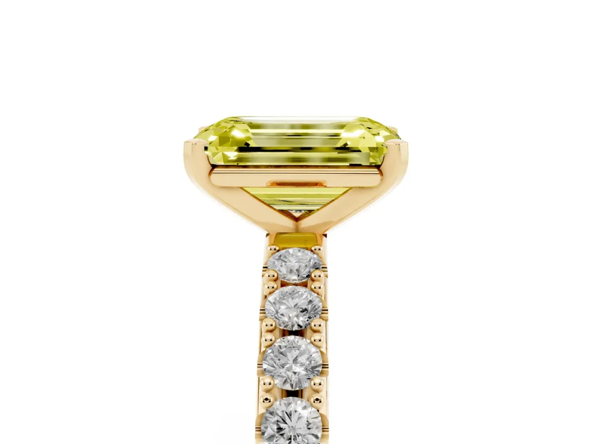 Fancy Yellow Emerald Cut Diamond Solitaire Pavé Band with Four-Prong Setting Yellow gold