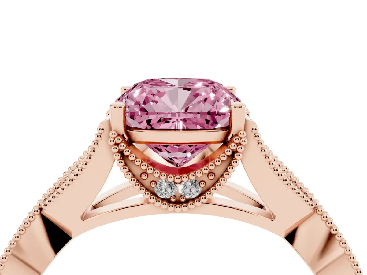 Fancy Pink Cushion Cut Cut Diamond Twisted Band with Milgrain Pave Setting and Four-Prong Setting Rose gold