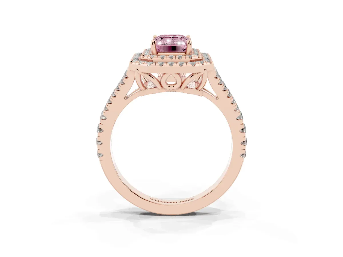 Fancy Pink Emerald Cut Diamond Double Halo Ring with Pavé Band and Prong Setting Rose gold