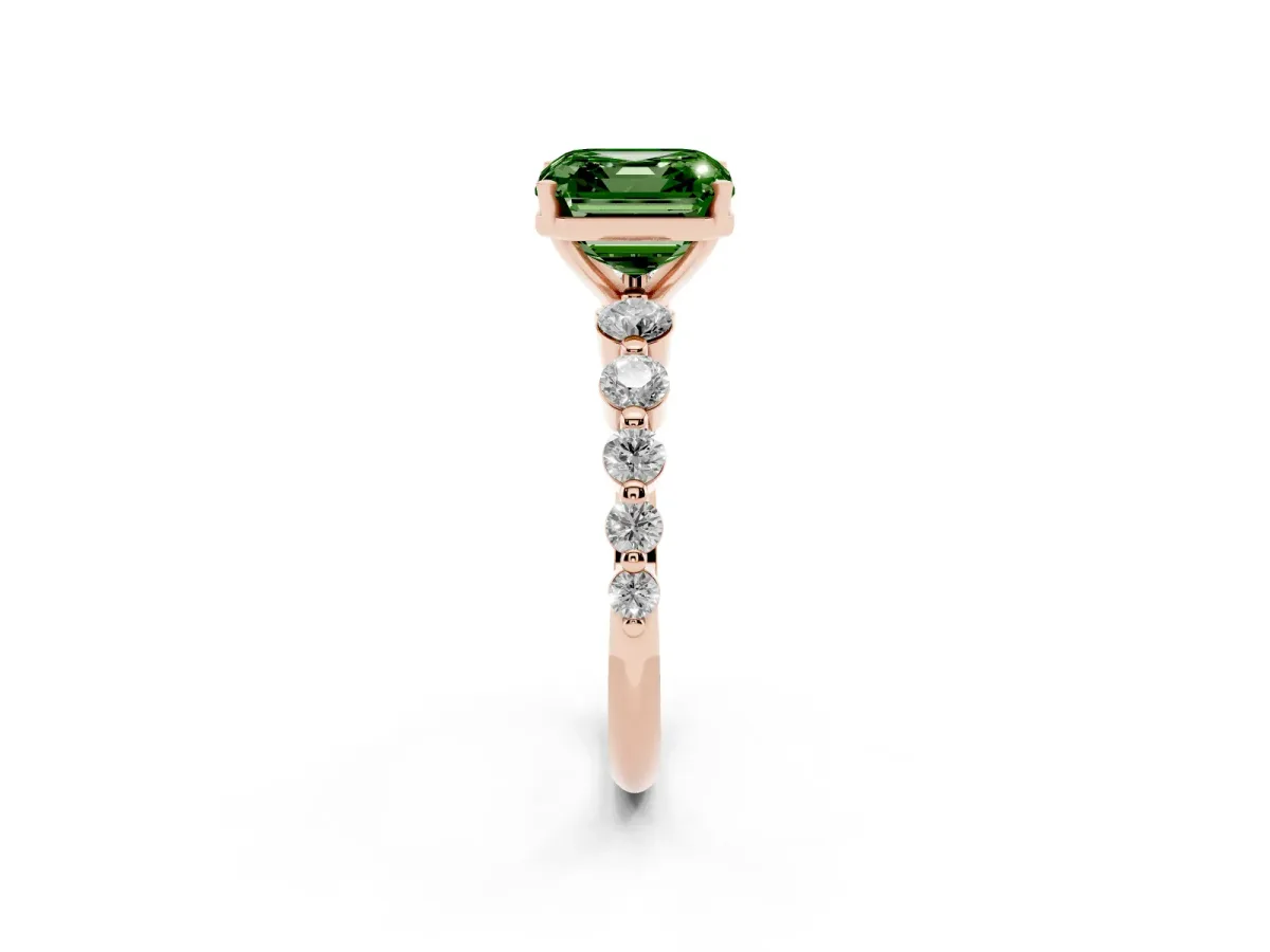 Fancy Green Asscher Cut Solitaire Diamond Ring with Pave Band and Four-Prong Setting Rose gold