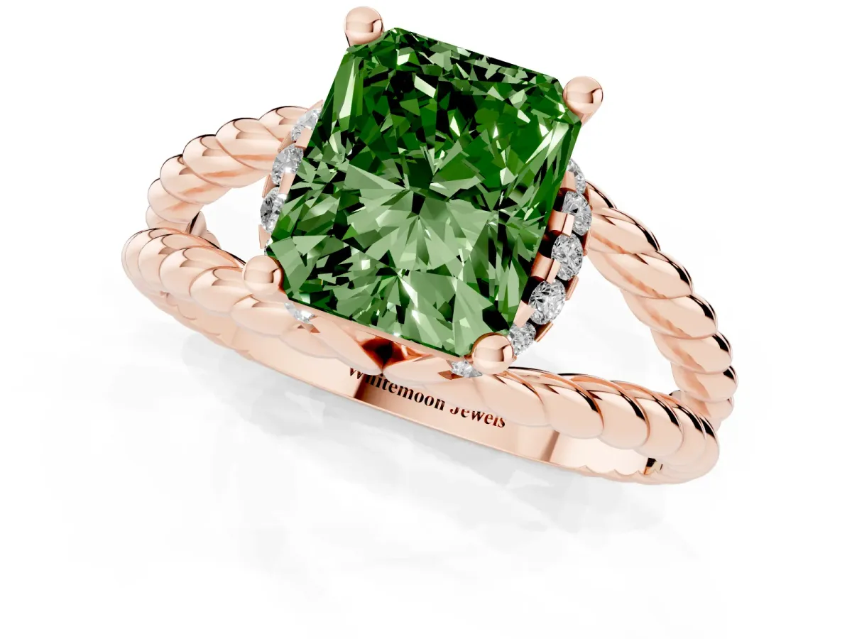 Fancy Green Radiant Cut Halo Twisted Band Four-Prong Ring Rose gold