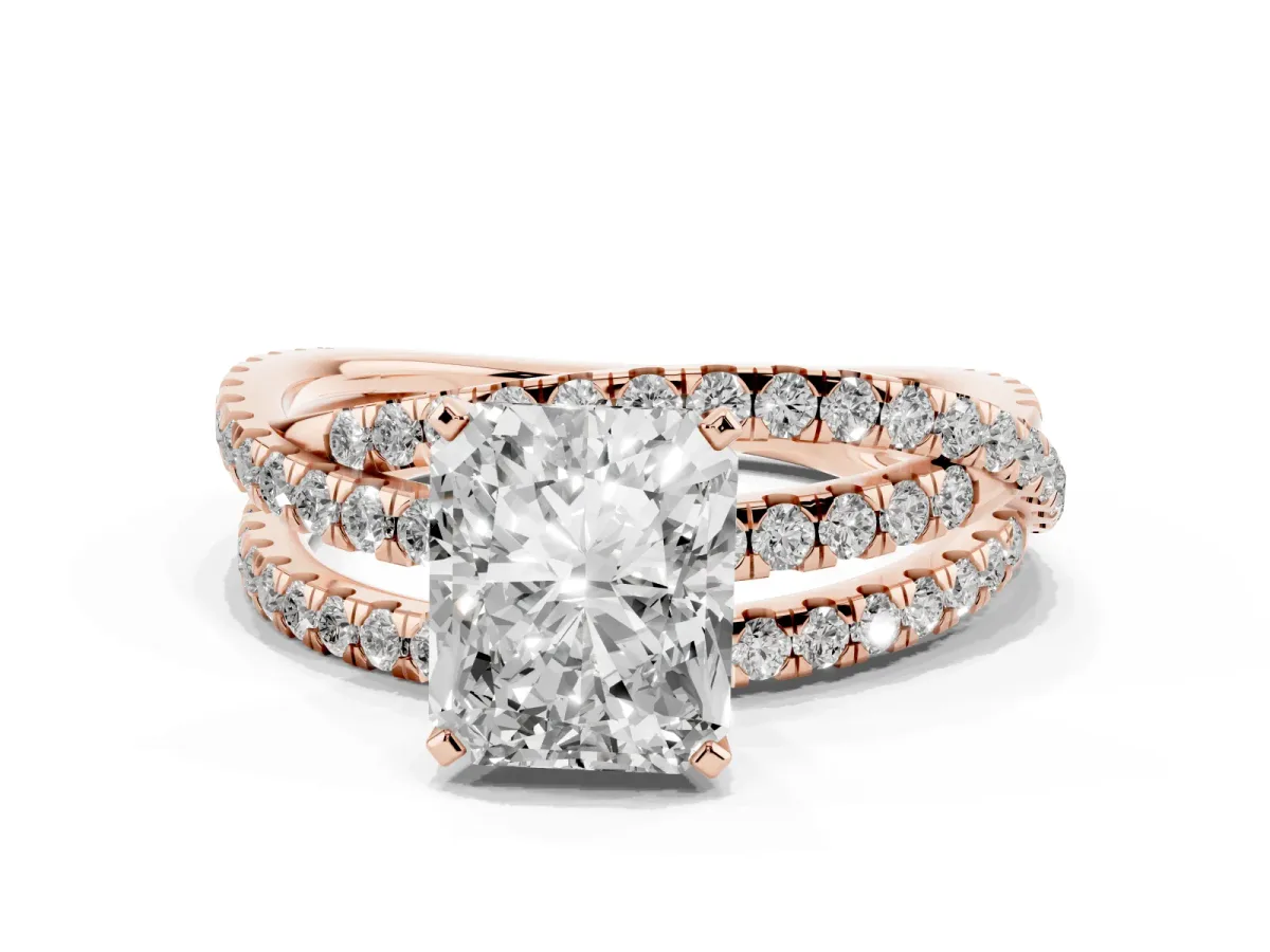 Radiant Cut Solitaire Twist Band with Pavé Setting and Four-Prong Setting Rose gold