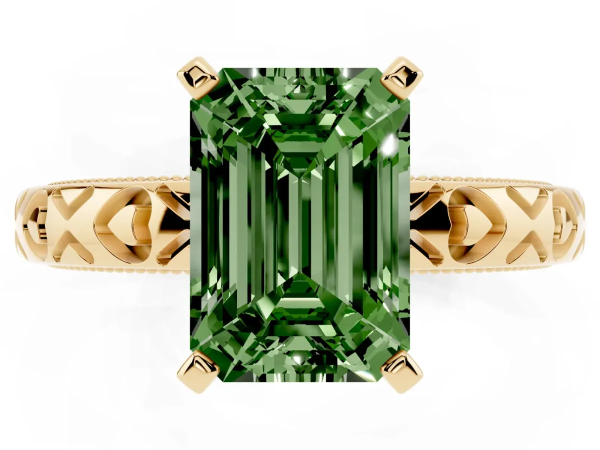 Fancy Green Emerald Cut Solitaire Diamond Engagement Ring with XO Engraved Band and Four-Prong Setting Yellow gold