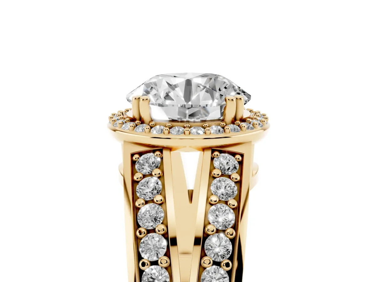 Round Cut Diamond Halo Ring with Split Shank Pavé Band and Four-Prong Setting Yellow gold