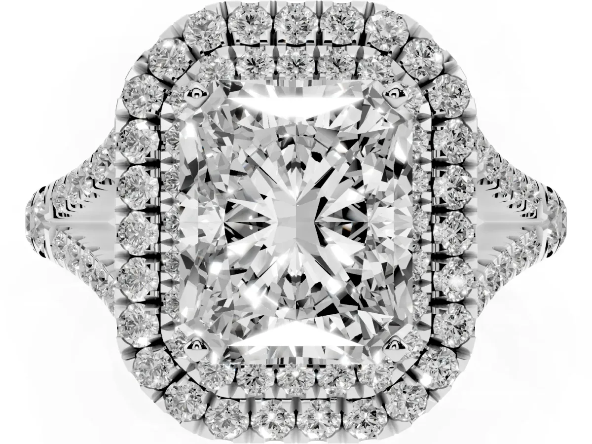 Double Halo Radiant Cut Diamond Split Shank Engagement Ring with Four-Prong Setting Silver