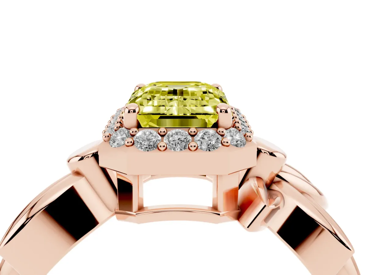 Fancy Yellow Emerald Cut Halo Diamond Floral Band with Four-Prong Setting Rose gold