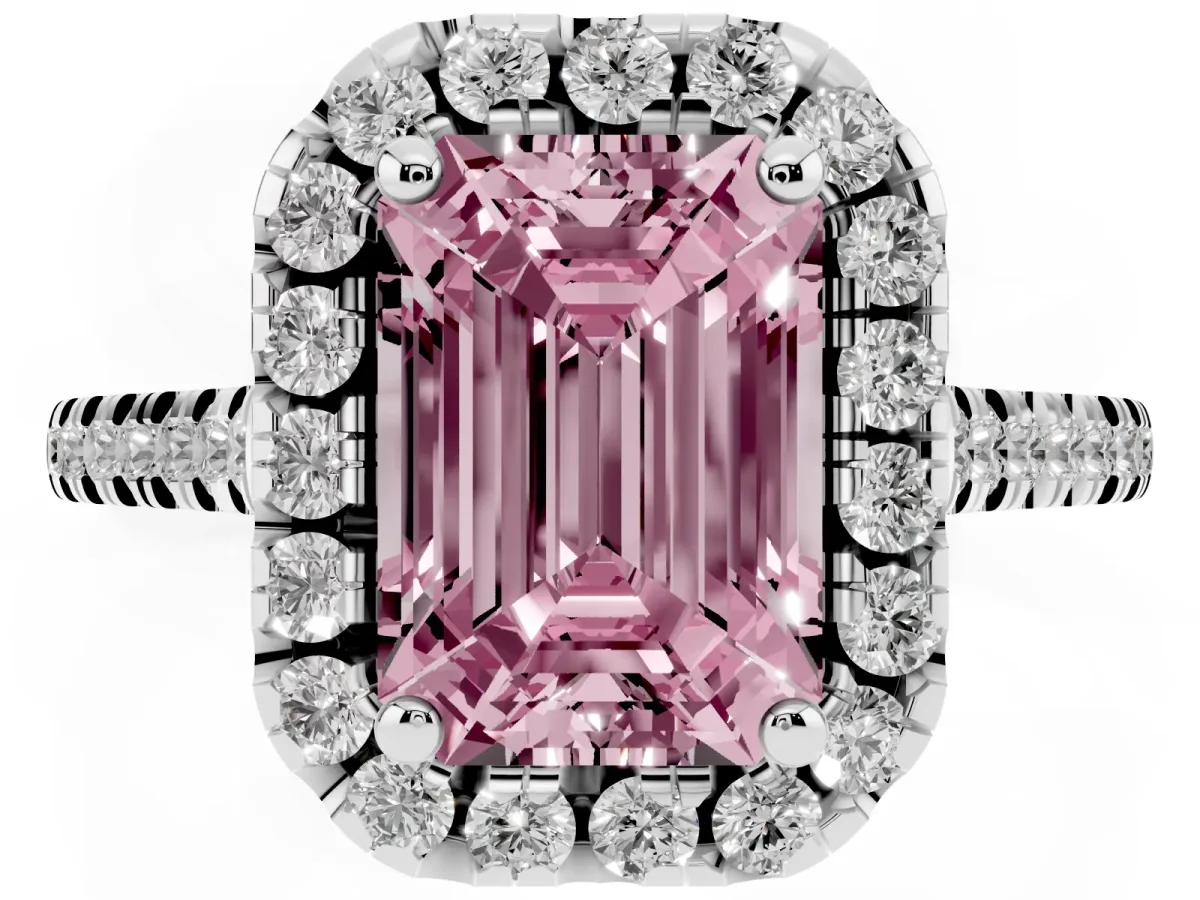 Fancy Pink Emerald Cut Diamond Cushion Halo Ring with Pavé Band Silver