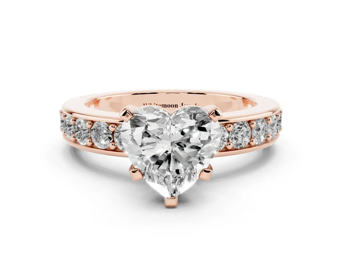Heart Cut Diamond Engagement Ring with Channel Set Round Band and Prong Setting Rose gold