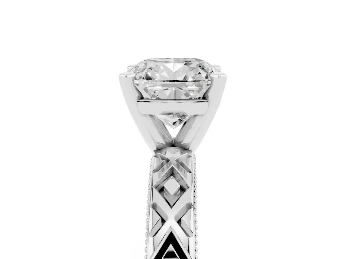 Cushion Cut Solitaire Diamond Ring with Milgrain and Black Enamel X Pattern Band Silver
