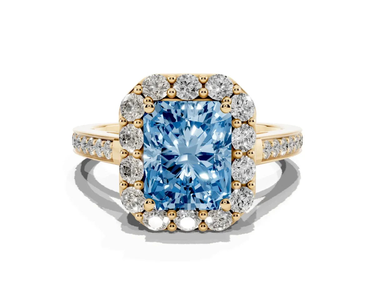 Fancy Blue Radiant Cut Diamond Floral Halo Ring with Pavé Band and Prong Setting Yellow gold