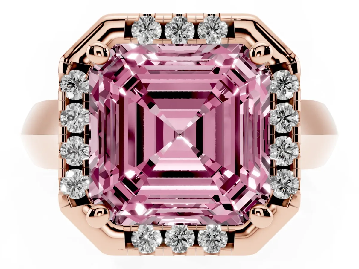 Fancy Pink Asscher Cut Cut Halo Solitaire Engagement Ring with Square Band and Four-Prong Setting Rose gold