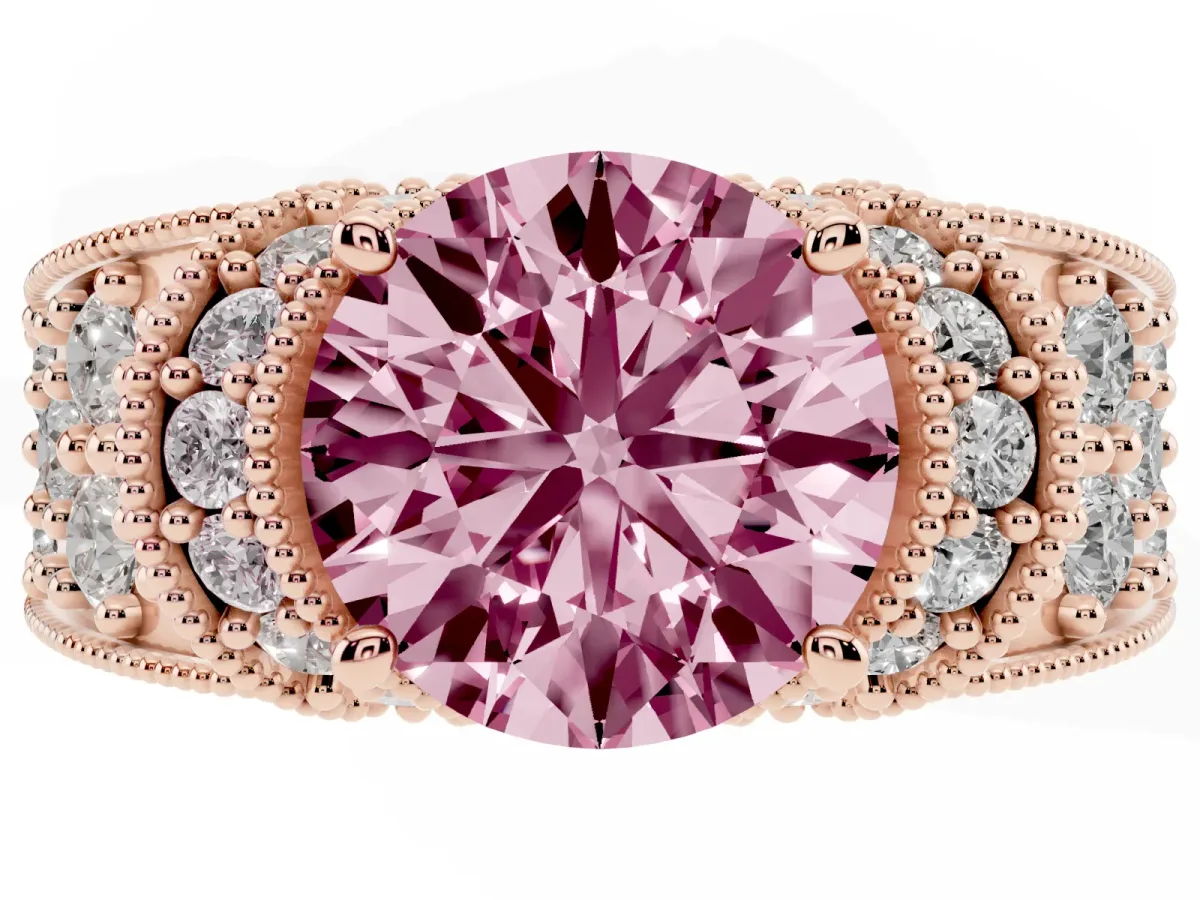 Fancy Pink Round Cut Halo Pave Diamond Engagement Ring with Milgrain Detailing Rose gold