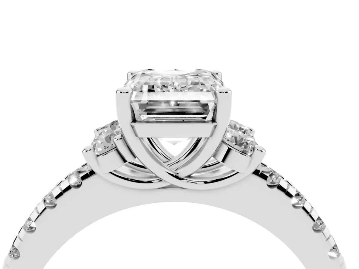 Emerald Cut Diamond Three-Stone Pave Band with Four-Prong Setting Platinum