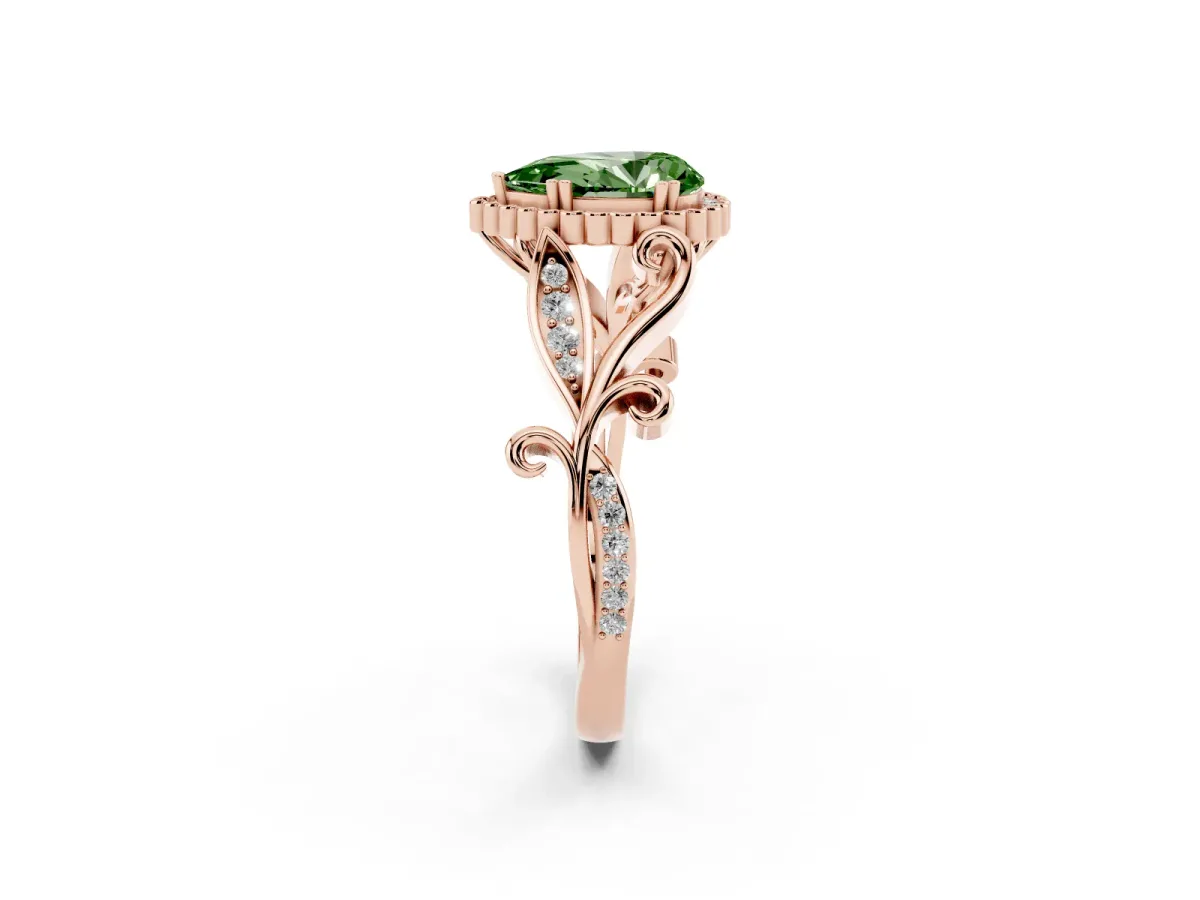 Fancy Green Pear Cut Diamond Halo Ring with Vintage Split Shank and Four-Prong Setting Rose gold