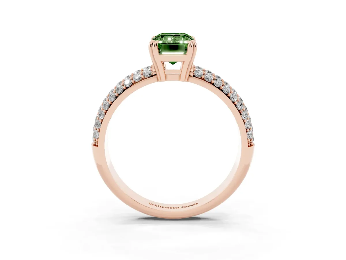 Fancy Green Emerald Cut Diamond Solitaire Ring with Multi-Row Round Pavé Band and Prong Setting Rose gold