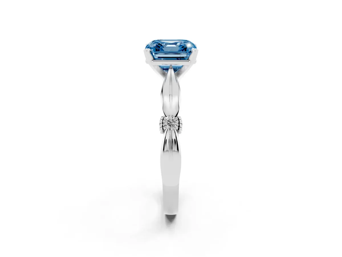 Fancy Blue Asscher Cut Solitaire Diamond Twisted Band with Four-Prong Setting White gold