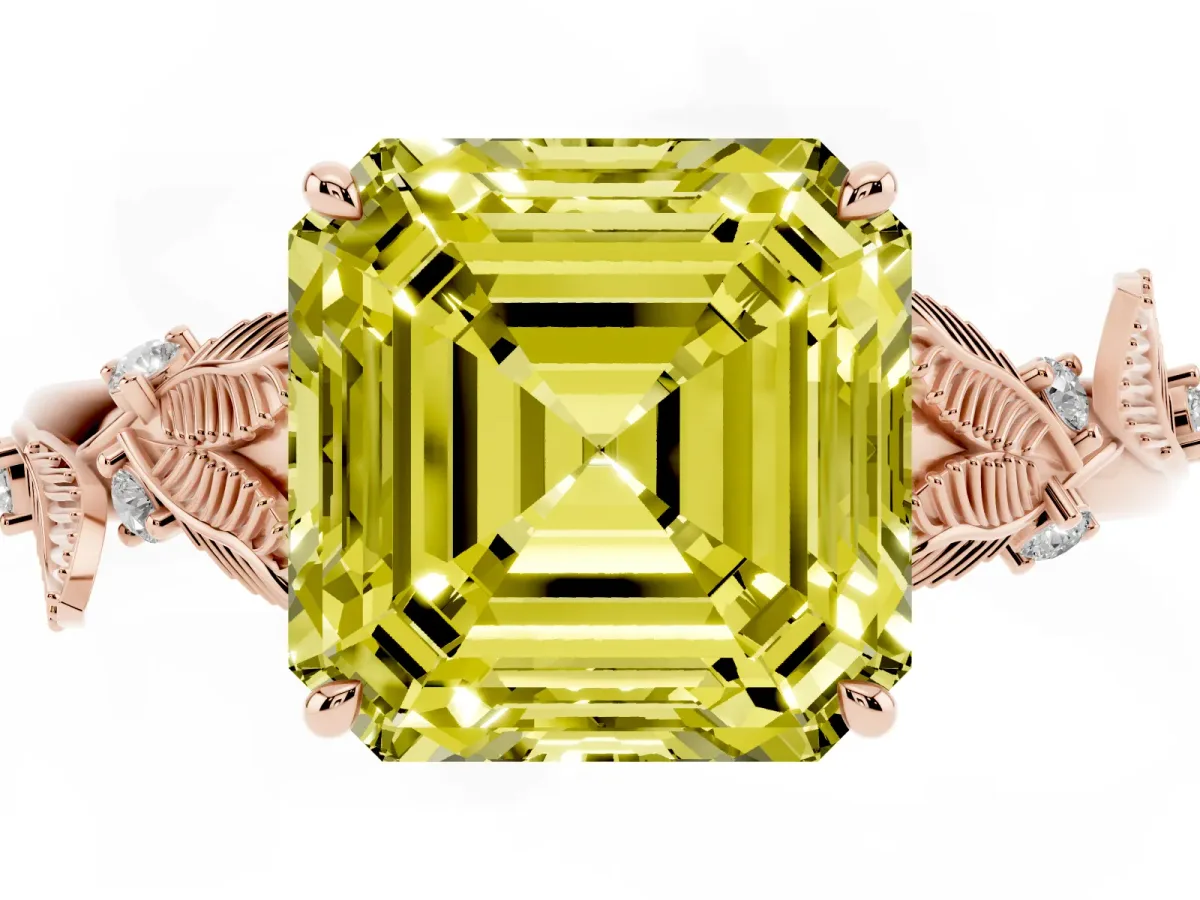 Fancy Yellow Asscher Cut Diamond Solitaire Ring with Leaf Motif Band and Four-Prong Setting Rose gold