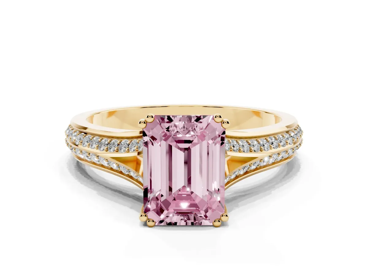 Fancy Pink Emerald Cut Diamond Split Shank Engagement Ring with Pavé Band Yellow gold
