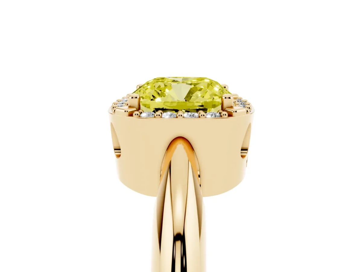 Fancy Yellow Cushion Cut Cut Diamond Halo Engagement Ring with Split Shank and Four-Prong Setting Yellow gold