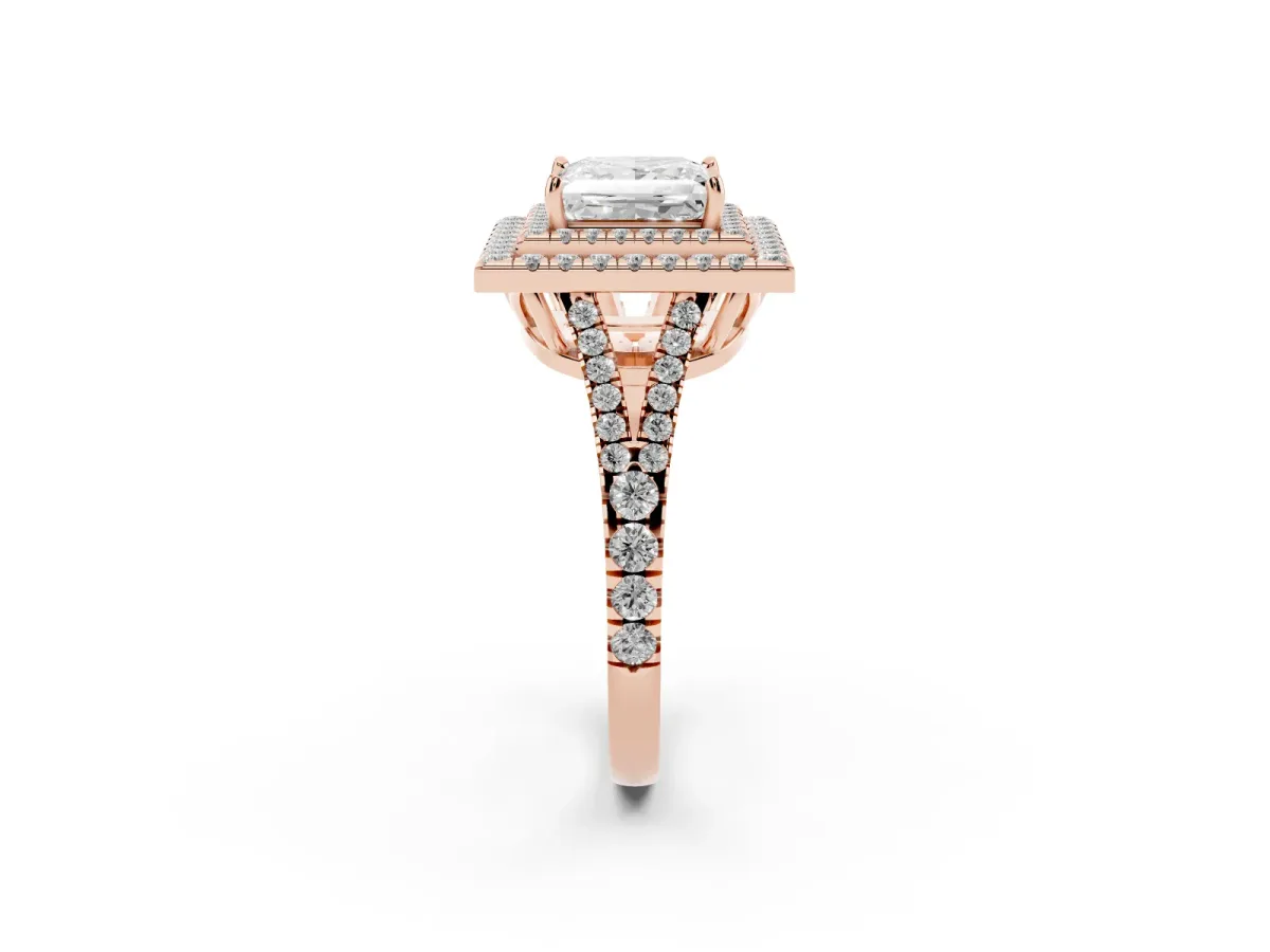 Princess Cut Diamond Double Halo Ring with Pavé Band and Prong Setting Rose gold