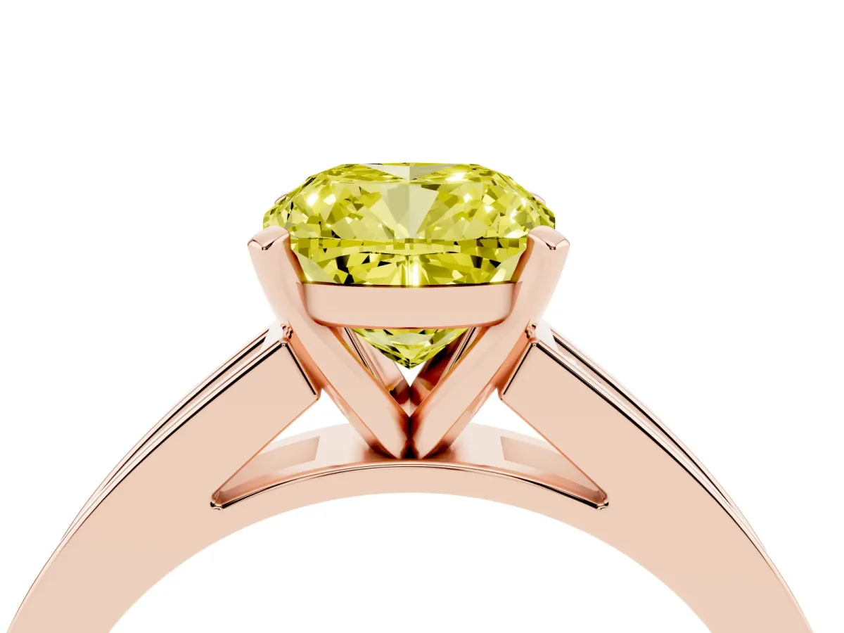 Fancy Yellow Cushion Cut Solitaire Diamond Ring with Channel-Set Band and Four-Prong Setting Rose gold