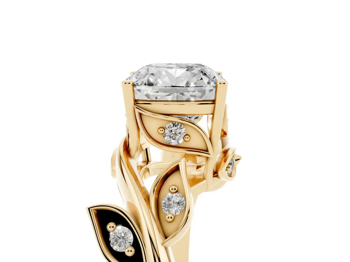 Cushion Cut Solitaire Twist Engagement Ring with Leaf Accents and Prong Setting Yellow gold
