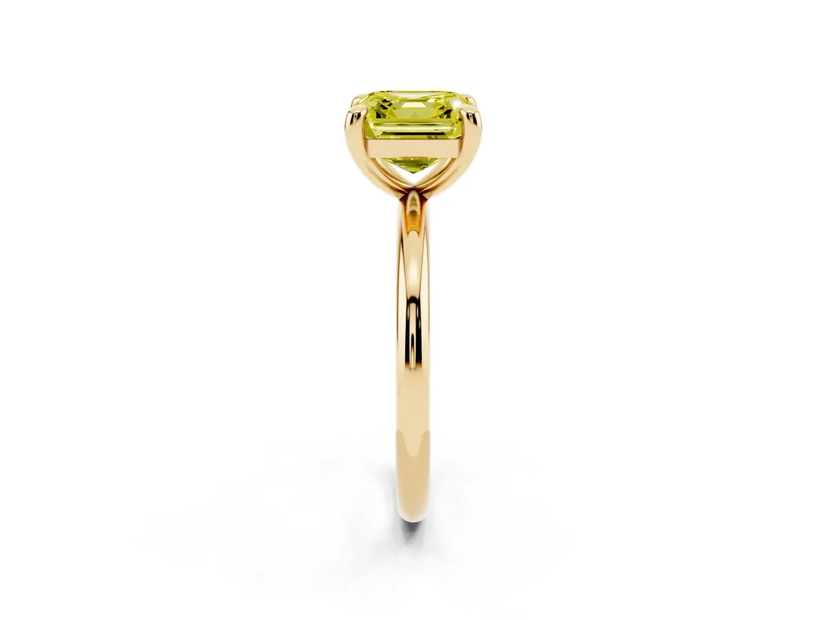 Fancy Yellow Asscher Cut Solitaire Diamond Ring with Four-Prong Setting on a Plain Band Yellow gold