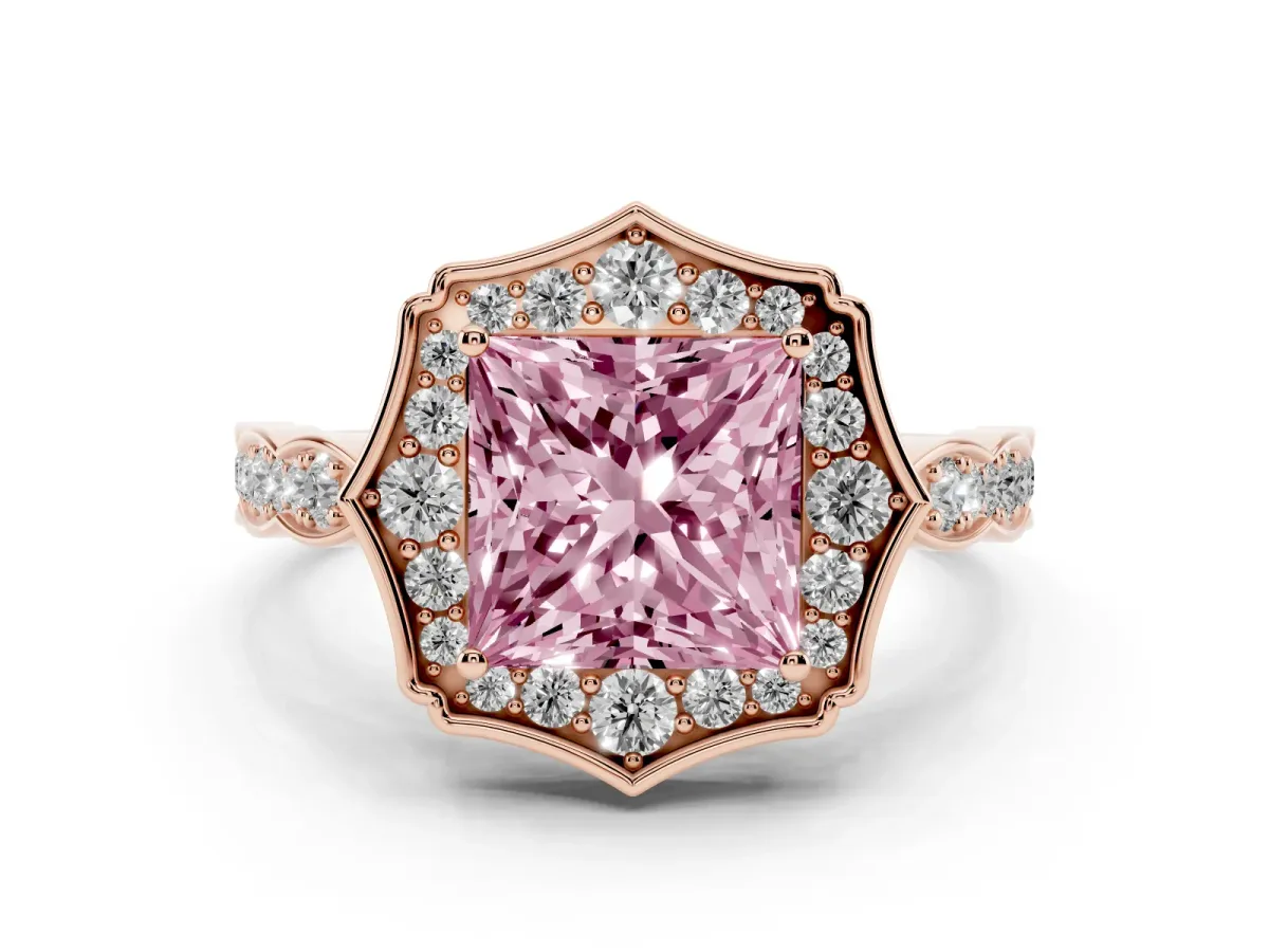 Fancy Pink Princess Cut Halo Diamond Engagement Ring with Milgrain Band and Four-Prong Setting Rose gold