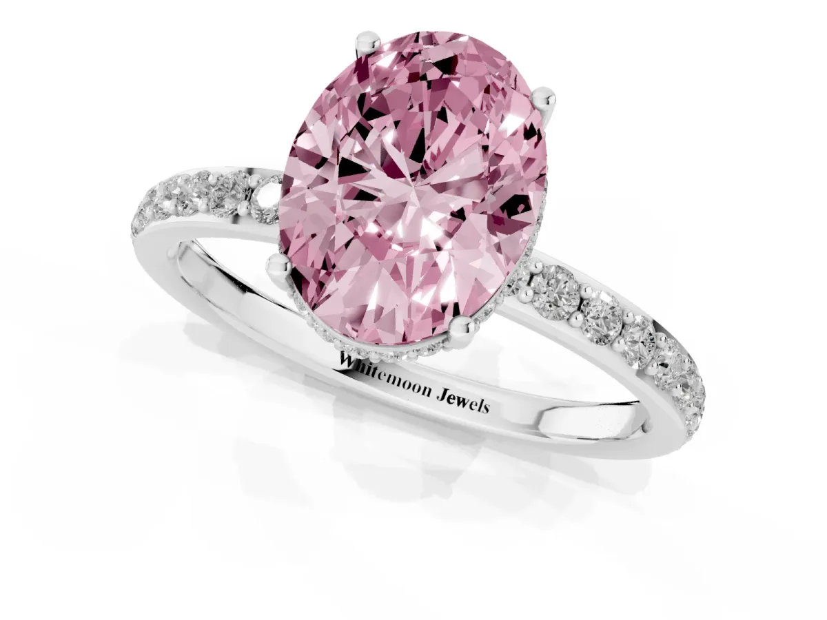 Fancy Pink Oval Cut Diamond Solitaire Ring with Pavé Band and Hidden Halo Silver