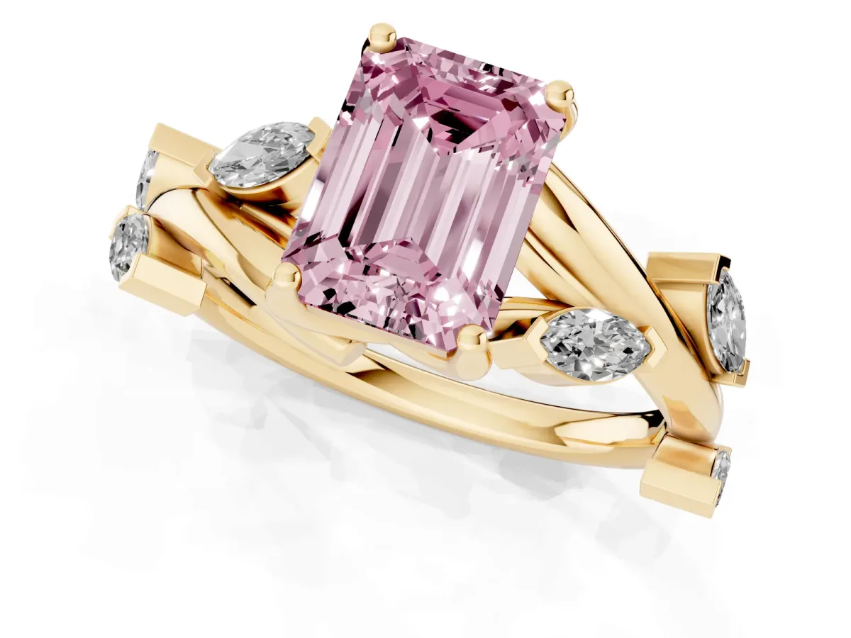 Fancy Pink Emerald Cut Solitaire Twisted Band Marquise Accent Prong Setting Ring Yellow gold