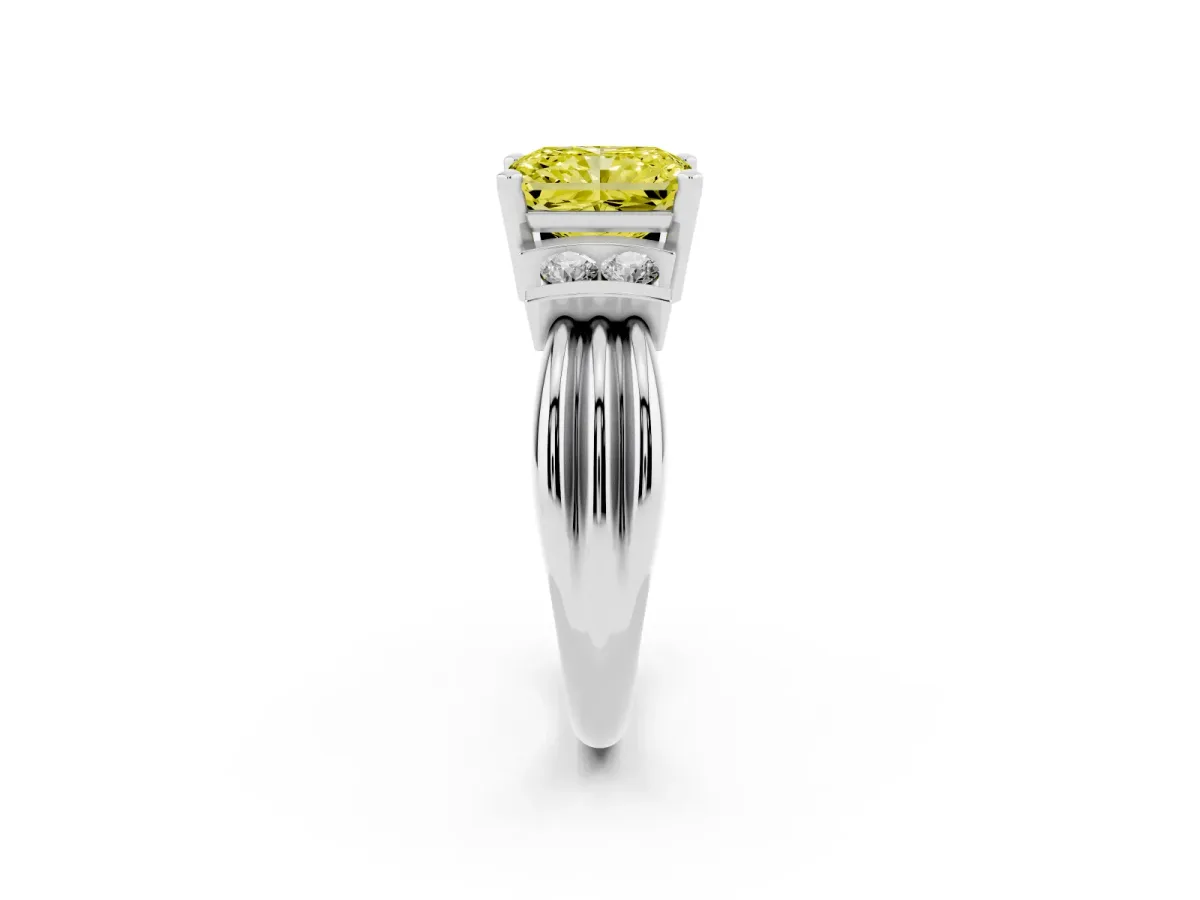 Fancy Yellow Radiant Cut Cut Three-Stone Channel Set Ring with Bar Prongs Silver