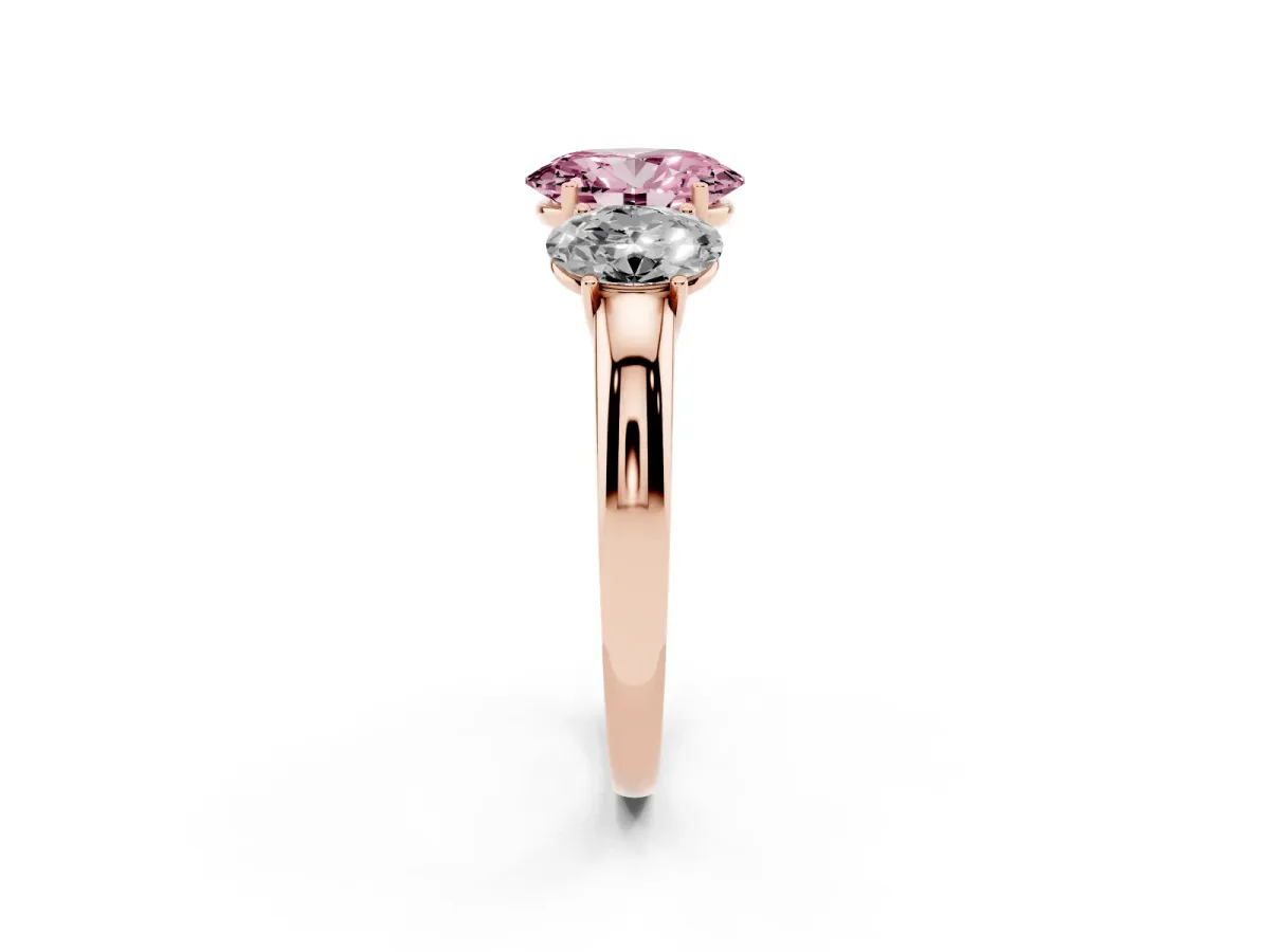 Fancy Pink Oval Cut Diamond Three-Stone Ring with Four-Prong Setting and Classic Band Rose gold