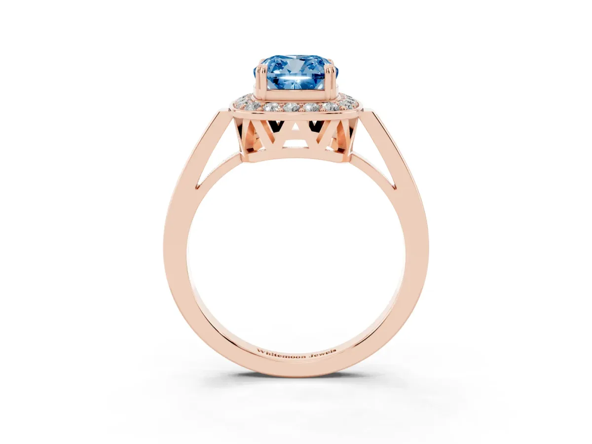 Fancy Blue Cushion Cut Diamond Halo Ring with Split Shank and Four-Prong Setting Rose gold