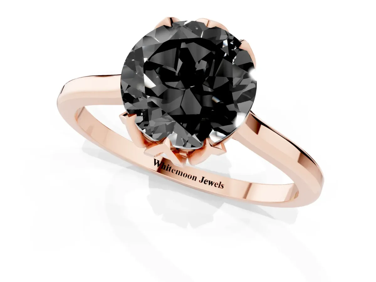 Fancy Black Round Cut Diamond Solitaire Ring with Flower Prong Setting and Classic Band Rose gold