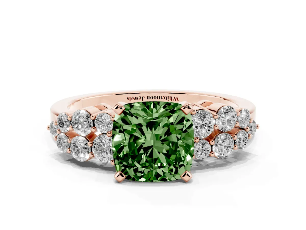 Fancy Green Cushion Cut Cluster Diamond Engagement Ring with Pavé Band and Four-Prong Setting Rose gold