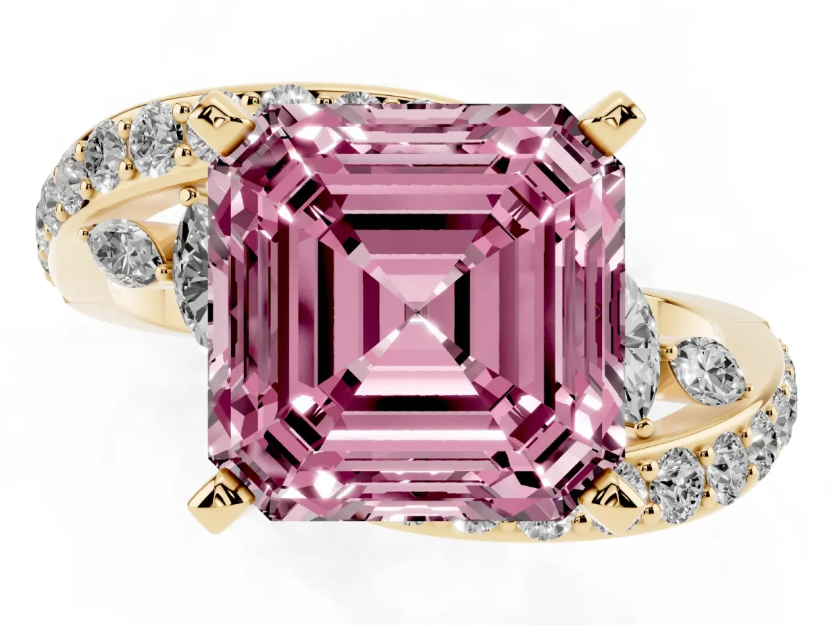 Fancy Pink Asscher Cut Solitaire with Pavé Twist Band and Four-Prong Setting Yellow gold