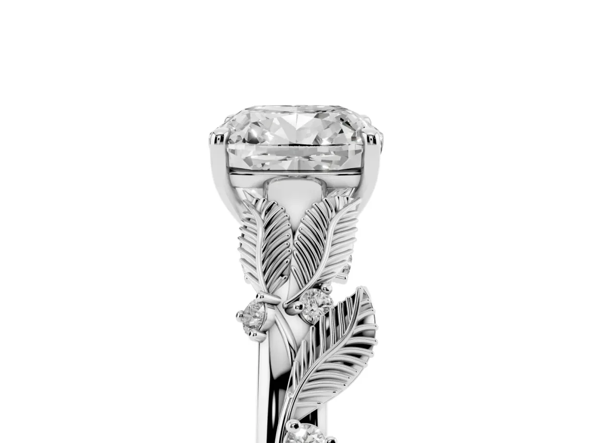 Cushion Cut Diamond Solitaire Ring with Leaf Motif Band and Four-Prong Setting Silver
