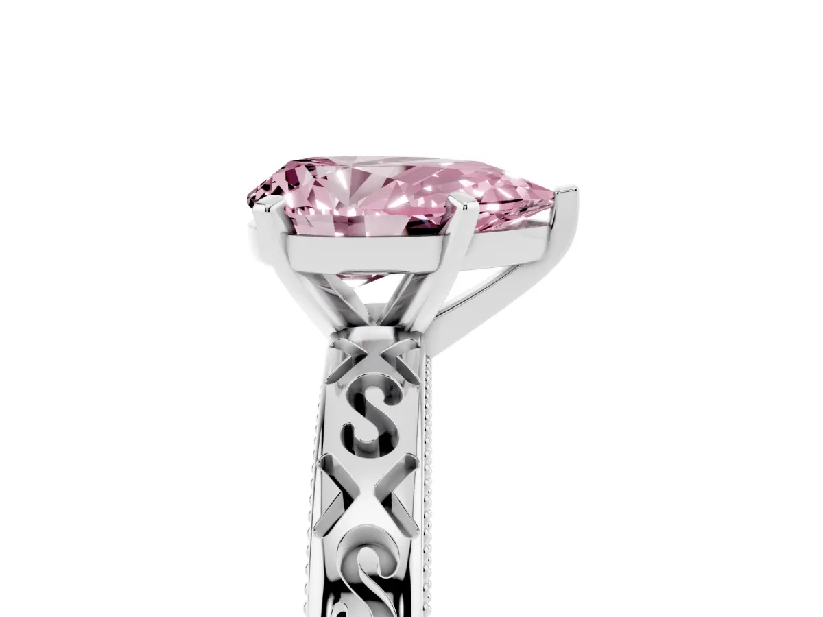 Fancy Pink Pear Cut Solitaire Engagement Ring with Scrollwork Band and Four-Prong Setting Silver