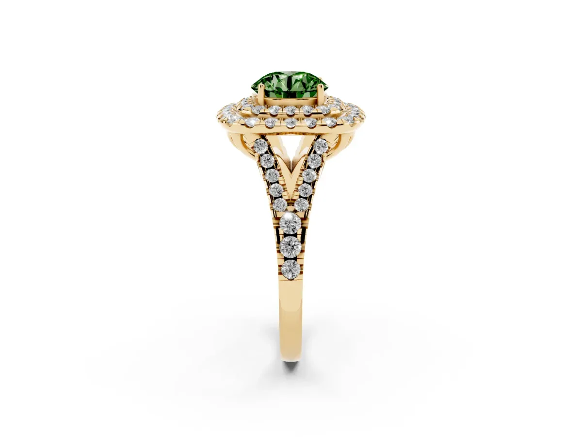 Fancy Green Double Halo Round Cut Diamond Pavé Split Shank Ring with Prong Setting Yellow gold