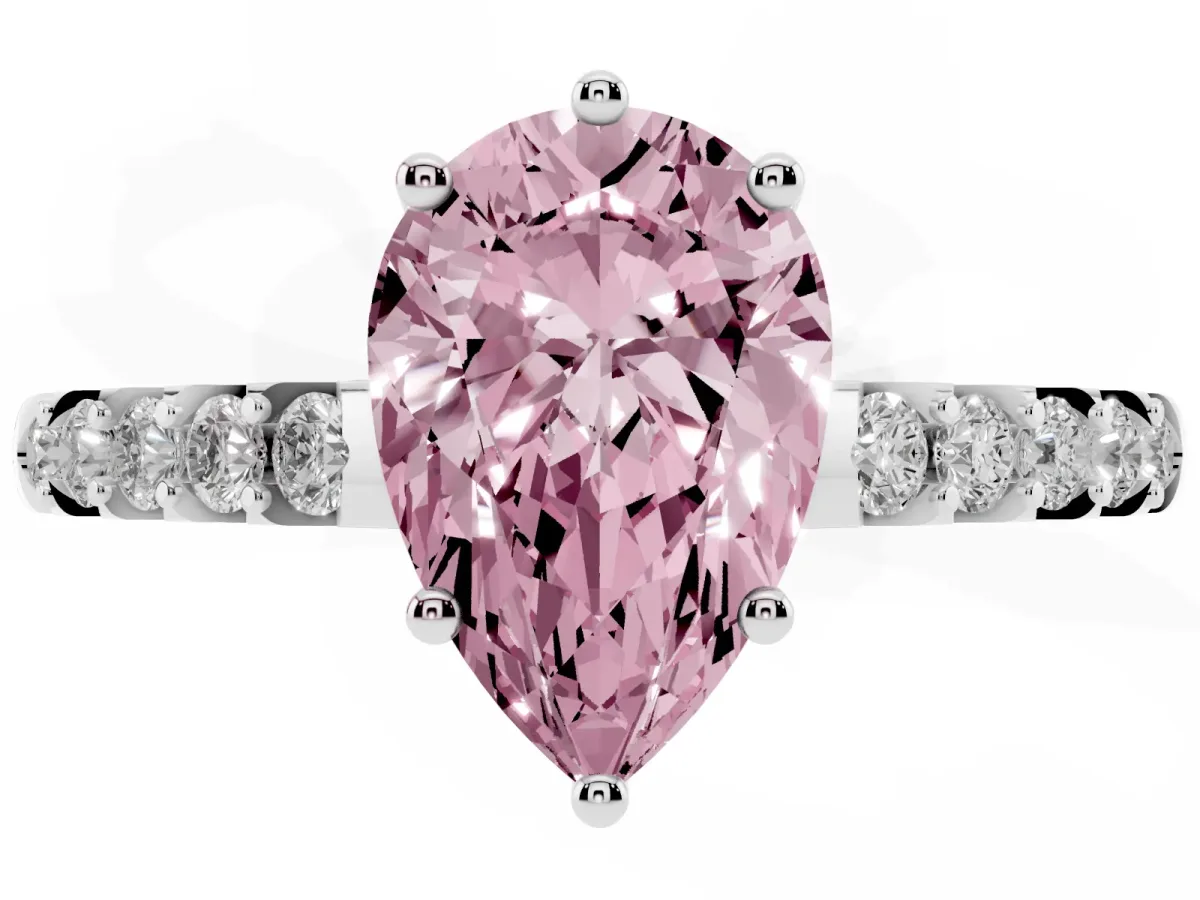 Fancy Pink Pear Cut Solitaire Diamond Engagement Ring with Pavé Band and Six-Prong Setting White gold