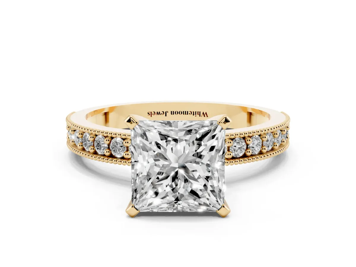 Princess Cut Diamond Milgrain Pavé Engagement Ring with Four-Prong Setting Yellow gold