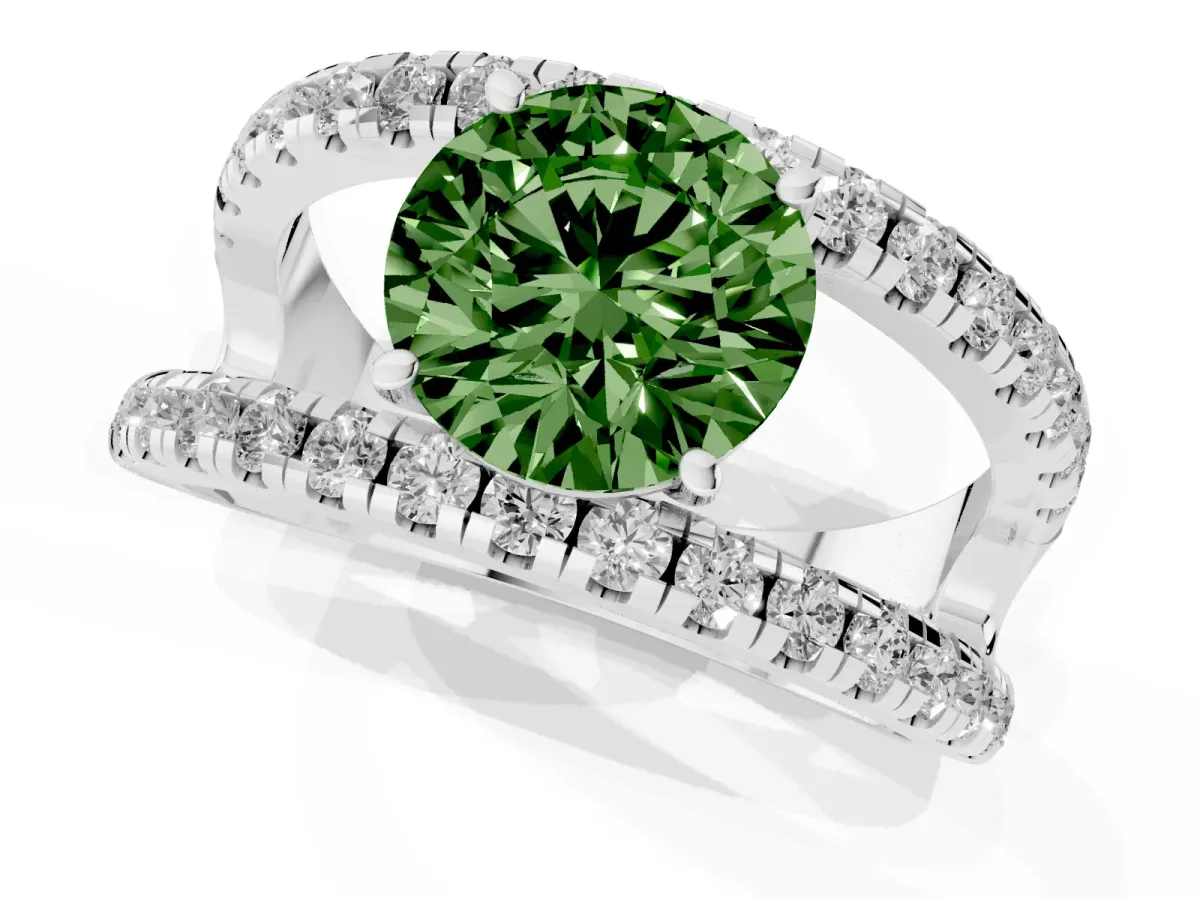 Fancy Green Round Cut Solitaire Split Shank Pave Diamond Ring Silver