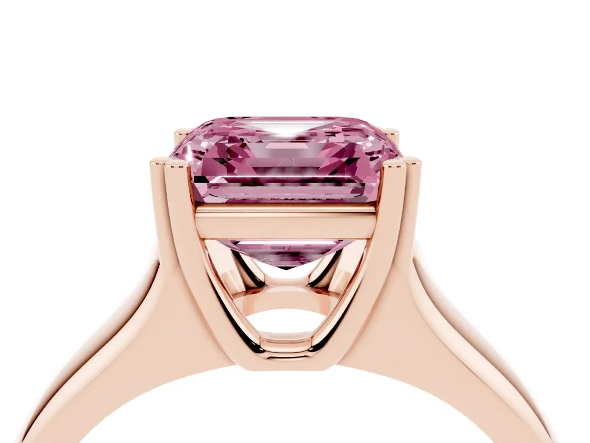 Fancy Pink Asscher Cut Diamond Solitaire Ring with Wide Band and Prong Setting Rose gold