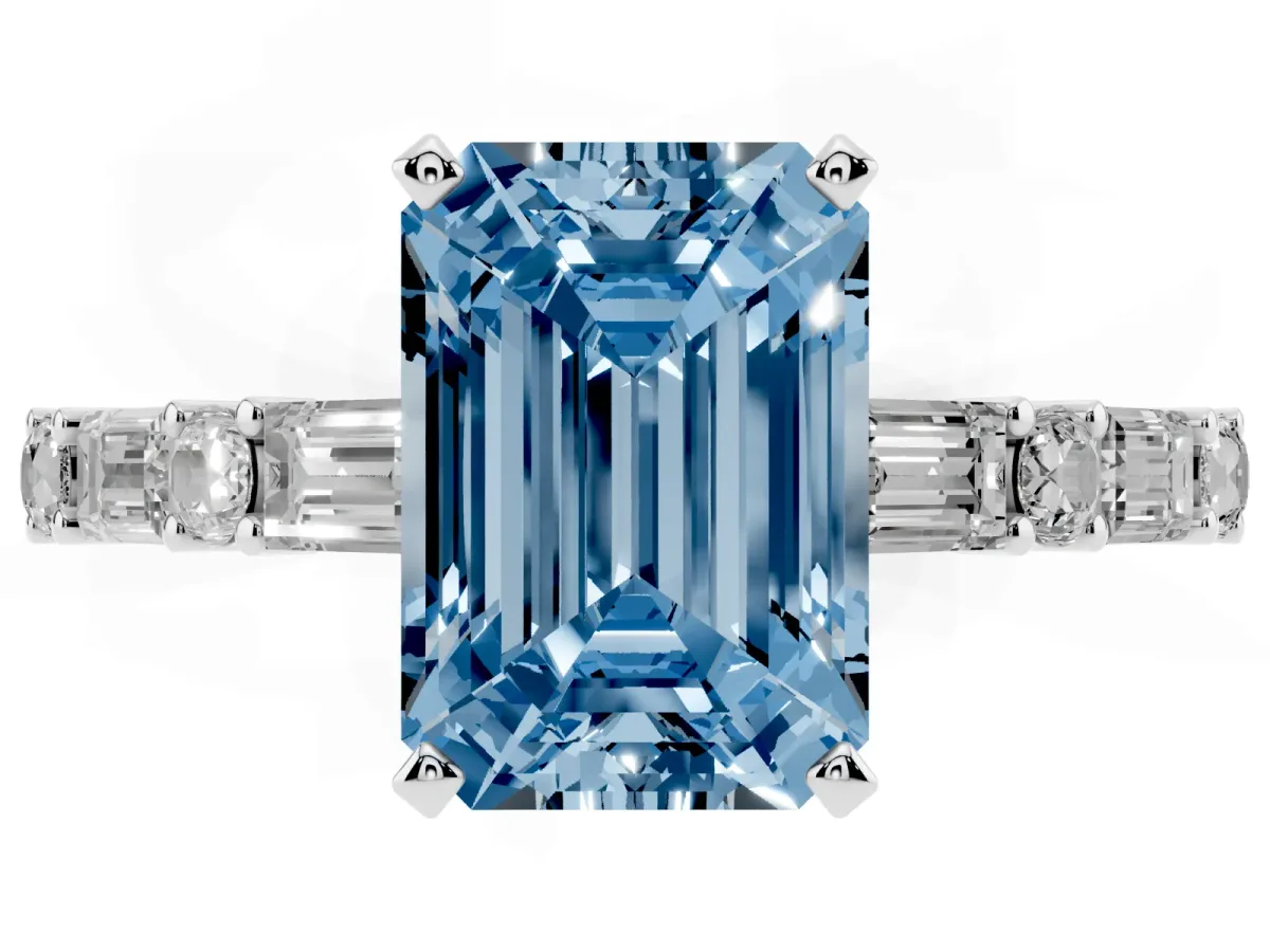 Fancy Blue Emerald Cut Diamond Solitaire with Side Baguettes and Channel Set Band Platinum