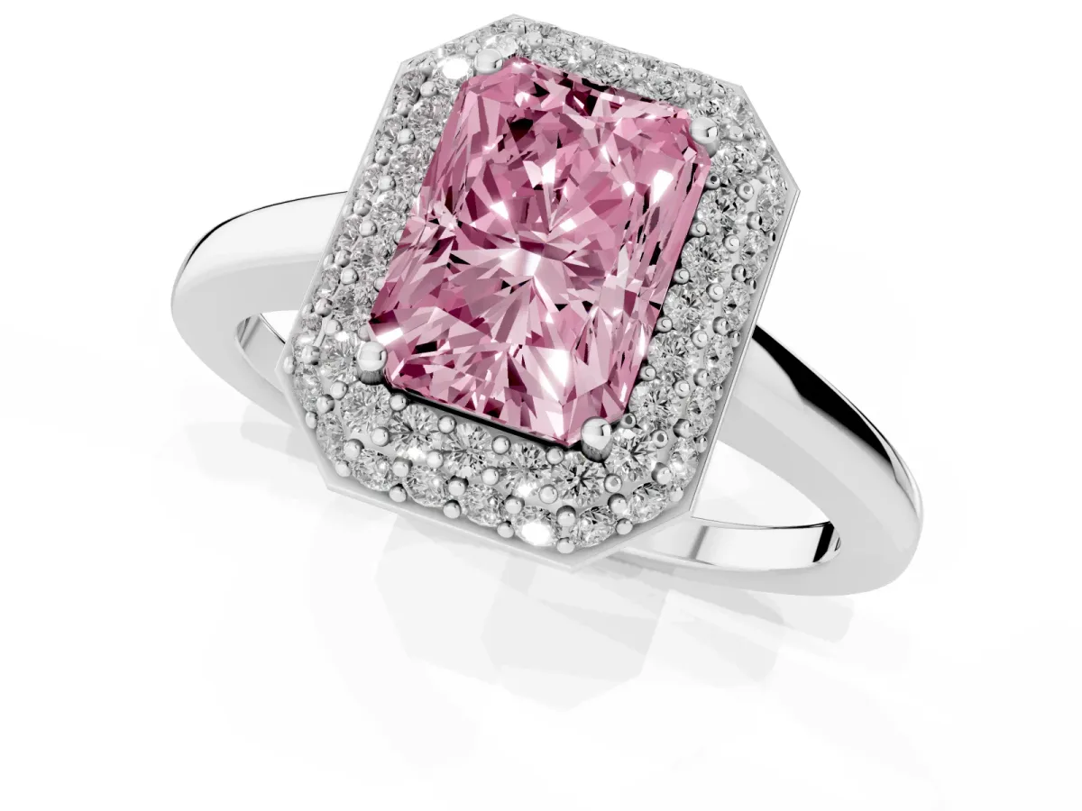 Fancy Pink Radiant Cut Halo Diamond Engagement Ring with Solitaire Band and Four-Prong Setting Silver
