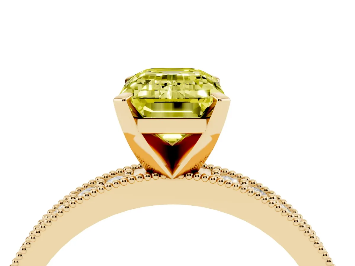 Fancy Yellow Emerald Cut Diamond Milgrain Pavé Engagement Ring with Four-Prong Setting Yellow gold