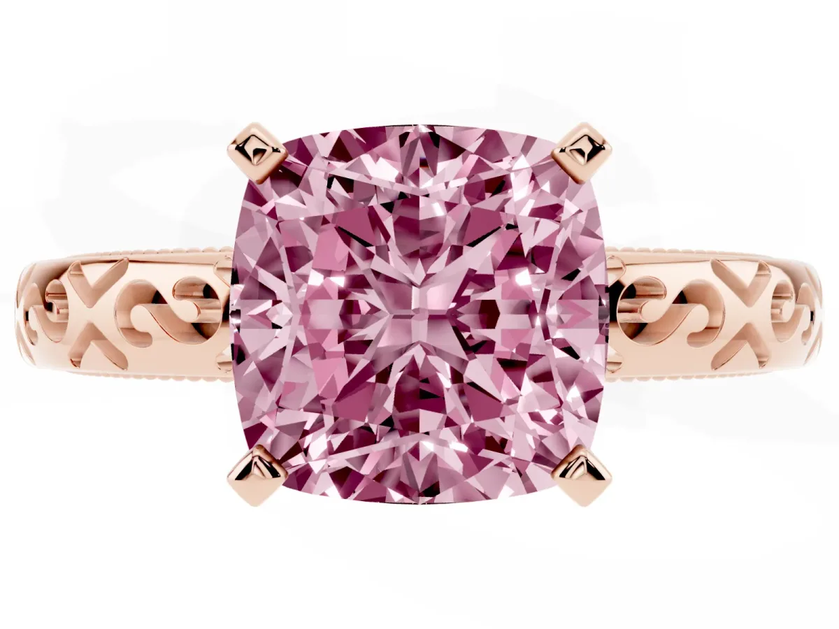 Fancy Pink Cushion Cut Solitaire Engagement Ring with Scrollwork Band and Four-Prong Setting Rose gold